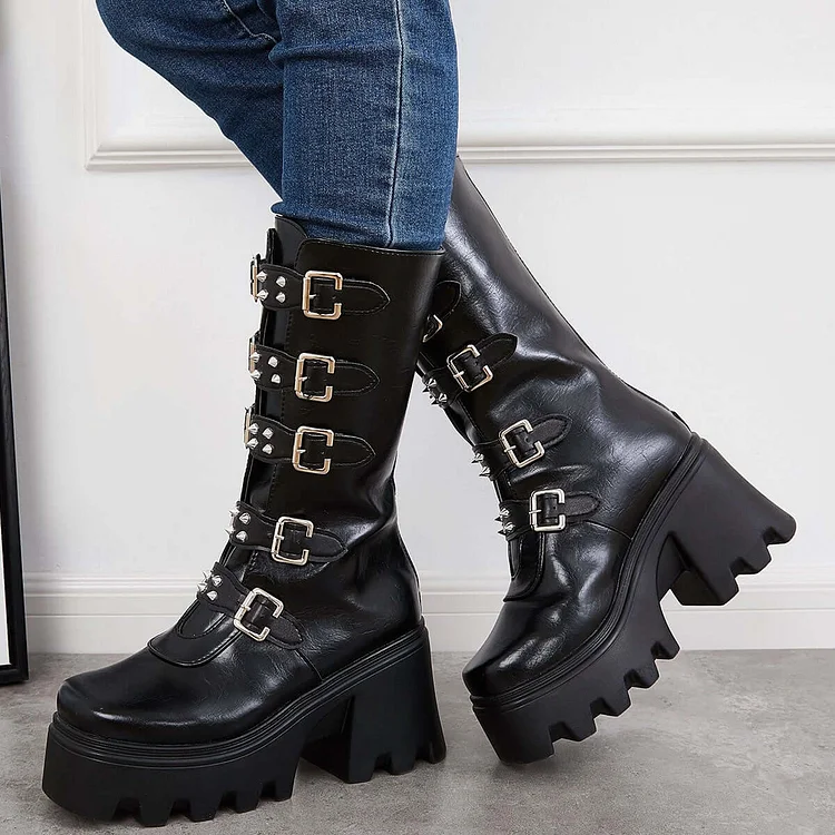 Gothic Chunky Platform High Heel Boots Lug Sole Mid Calf Boots