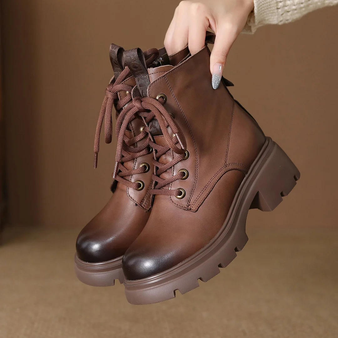 Yyvonne Layer Of Cowhide Martin Boots Women 2025 Autumn And Winter New Thick-Bottomed Fashion Light, Anti-Slip Coarse And Leather Short Boots