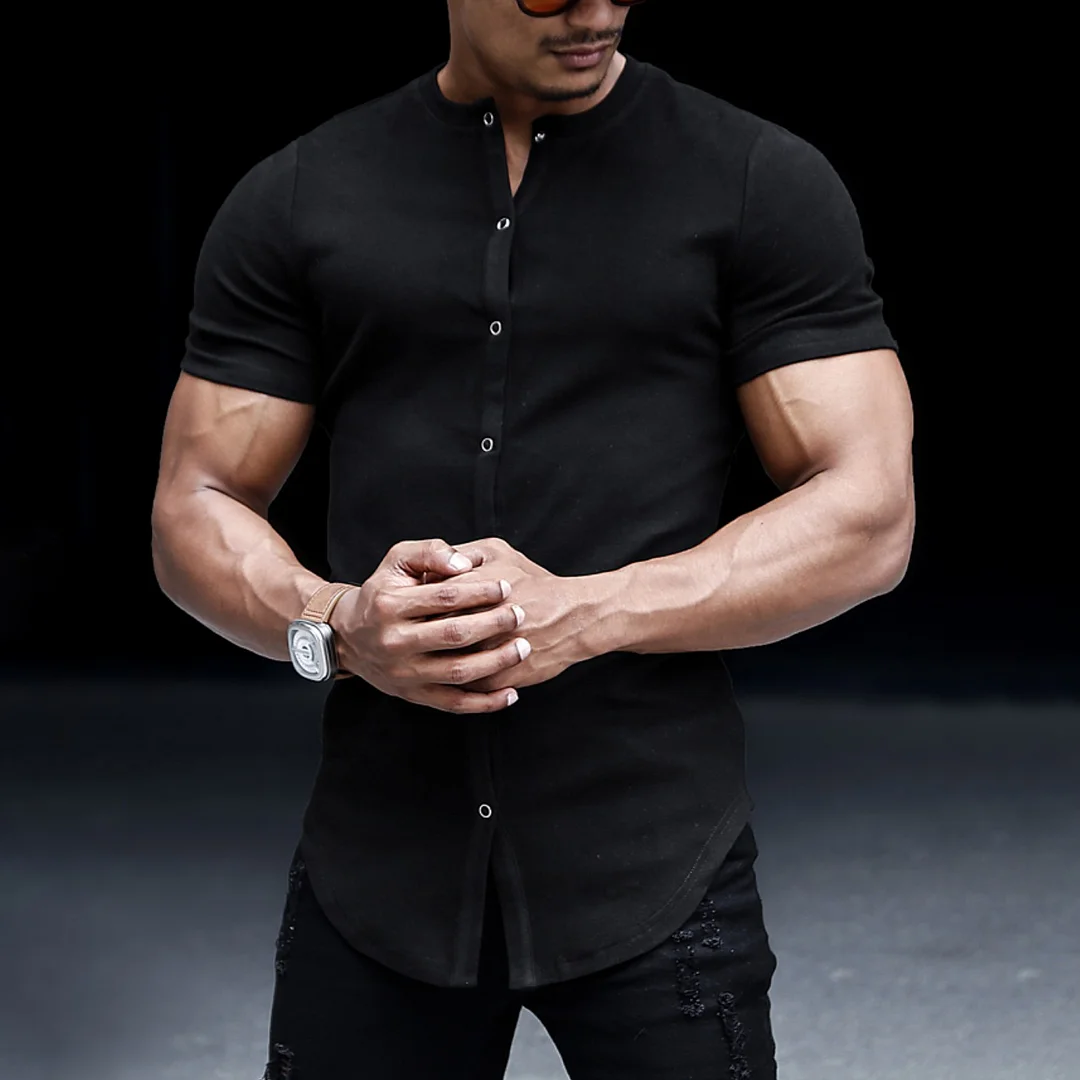Men's Casual Slim Solid Color Short Sleeve Shirt Outdoor Fitness Sports Running Pure Cotton Stand Collar Cardigan