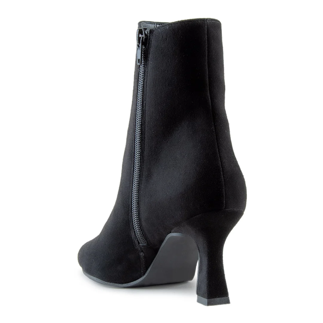 Vegan Suede Pointed Side-Zip Black Ankle Boots with Flared Heel