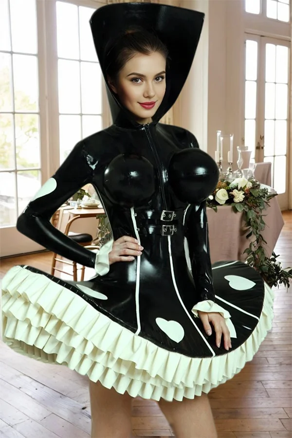 Women Latex Dress Dominant Diva Performance Structured Bust Collar Voluminous Ruffles