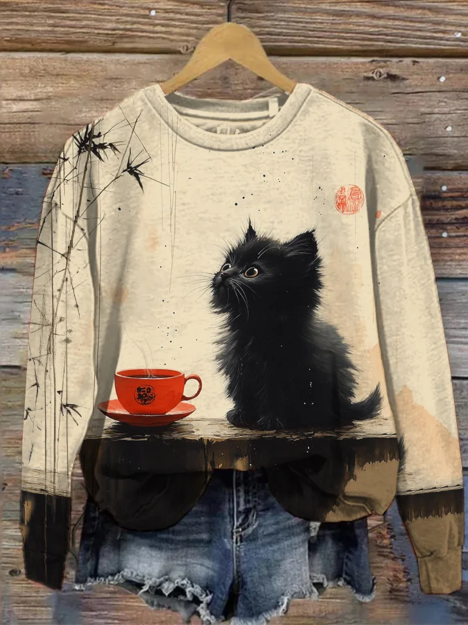 Women's Black Cat And Tea Vintage Japanese Art Print Casual Sweatshirt