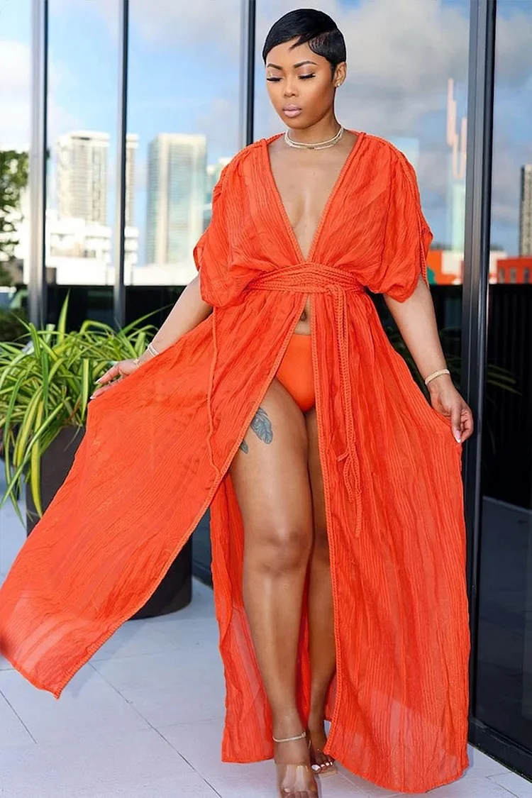 V Neck Ruched Sleeve Slit Vacation Coverup Maxi Dresses-Orange [Pre Order]