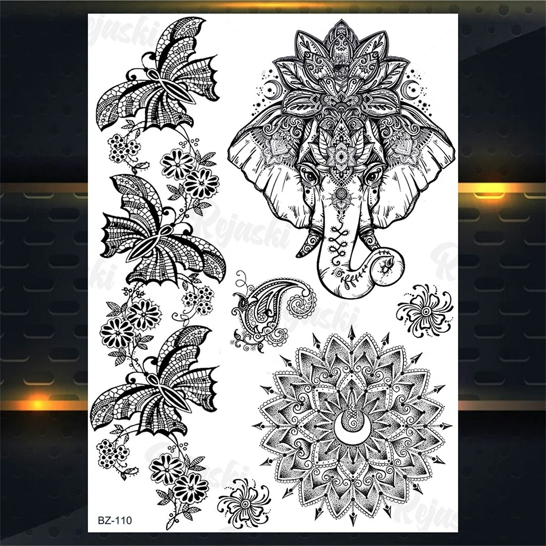 Sdrawing Elephant Pendant Temporary Tattoos For Women Men Lion Butterfly Snake Feather Fake Tattoo Sticker Glamour Back Body Tatoos