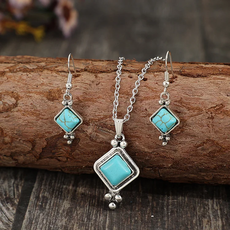 Bohemian diamond turquoise necklace and earrings set