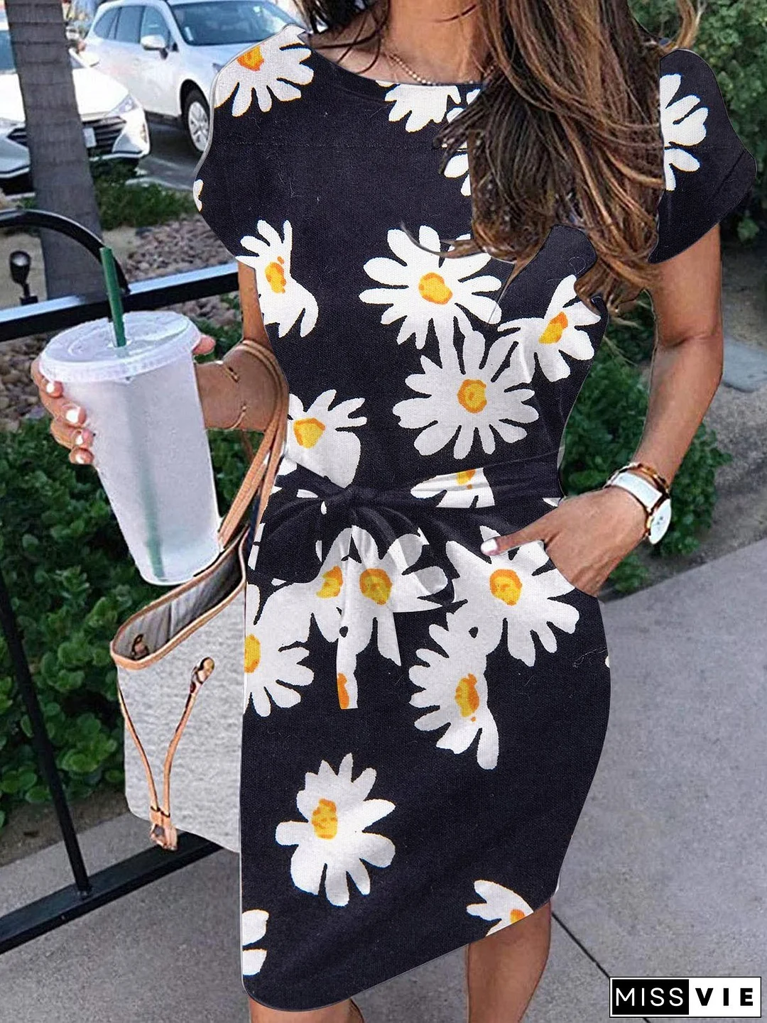Women's Dresses Printed Belted Pocket Short Sleeve Dress