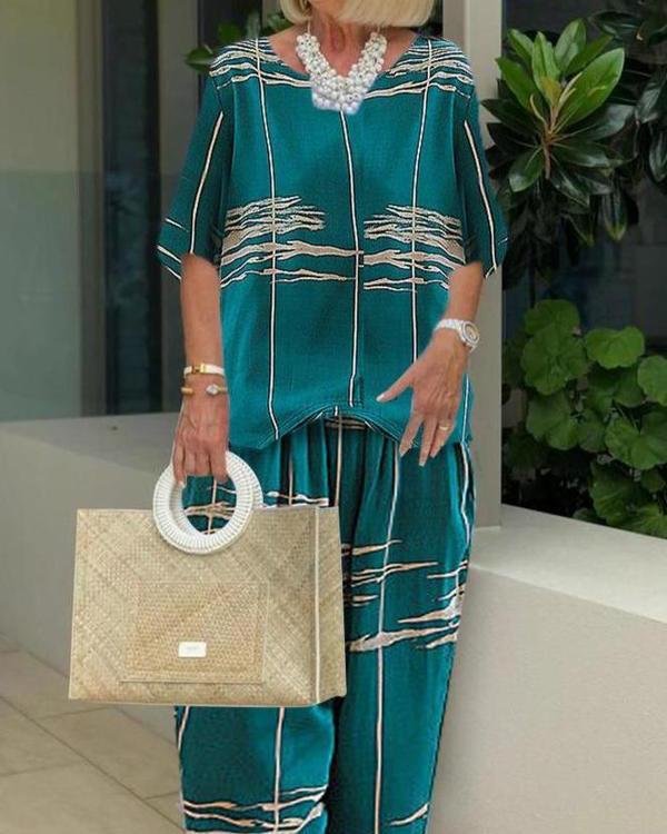 Loose Casual Round Neck Wave Line Printing Suit