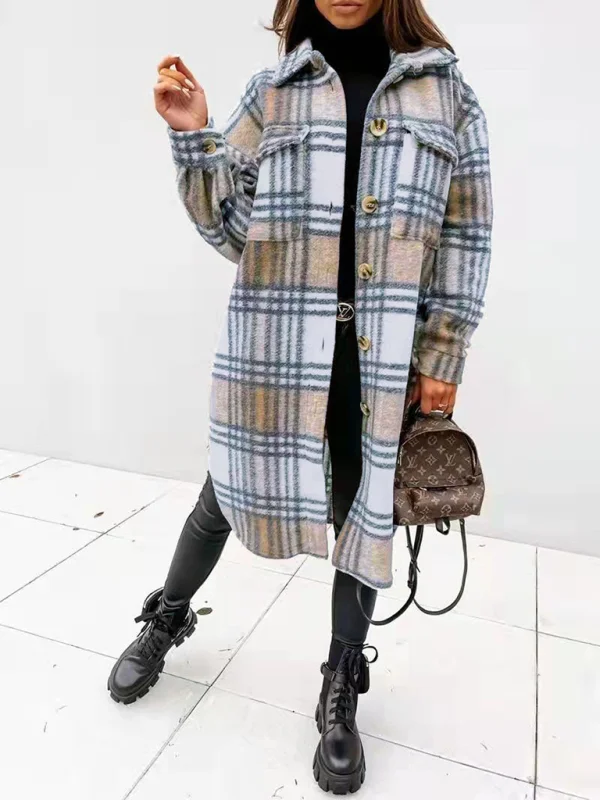 Women's plaid brushed mid-length woolen coat Flusfy
