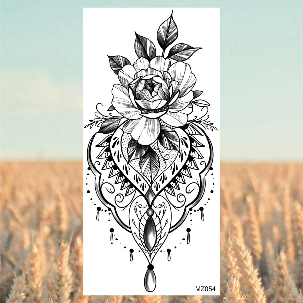Black Lotus Pendant Temporary Tattoos For Women Adult Rose Flower Jewelry Fake Tattoo Fashion Calf Waterproof Half Sleeve Tatoos