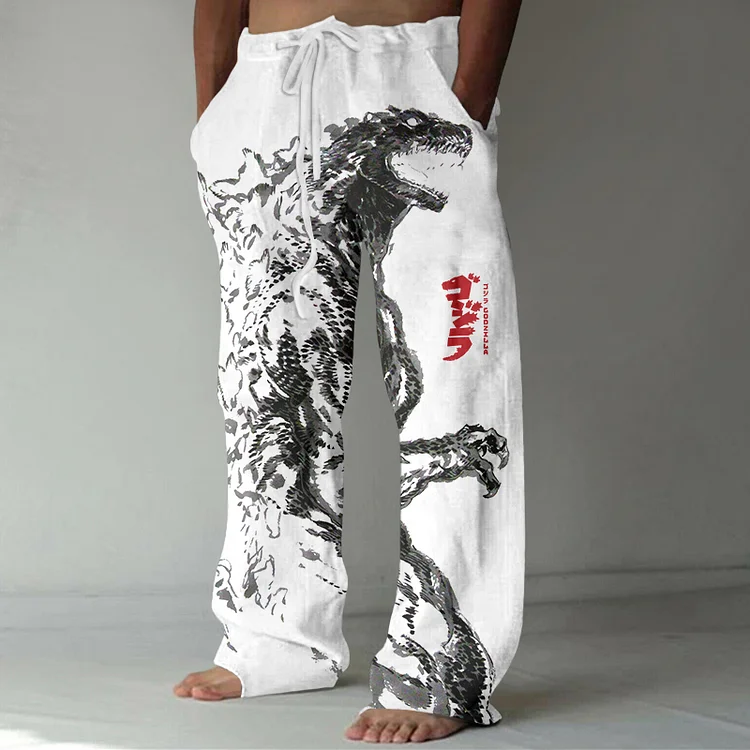 Vintage Japanese Godzilla Art Linen Blend Casual Pants