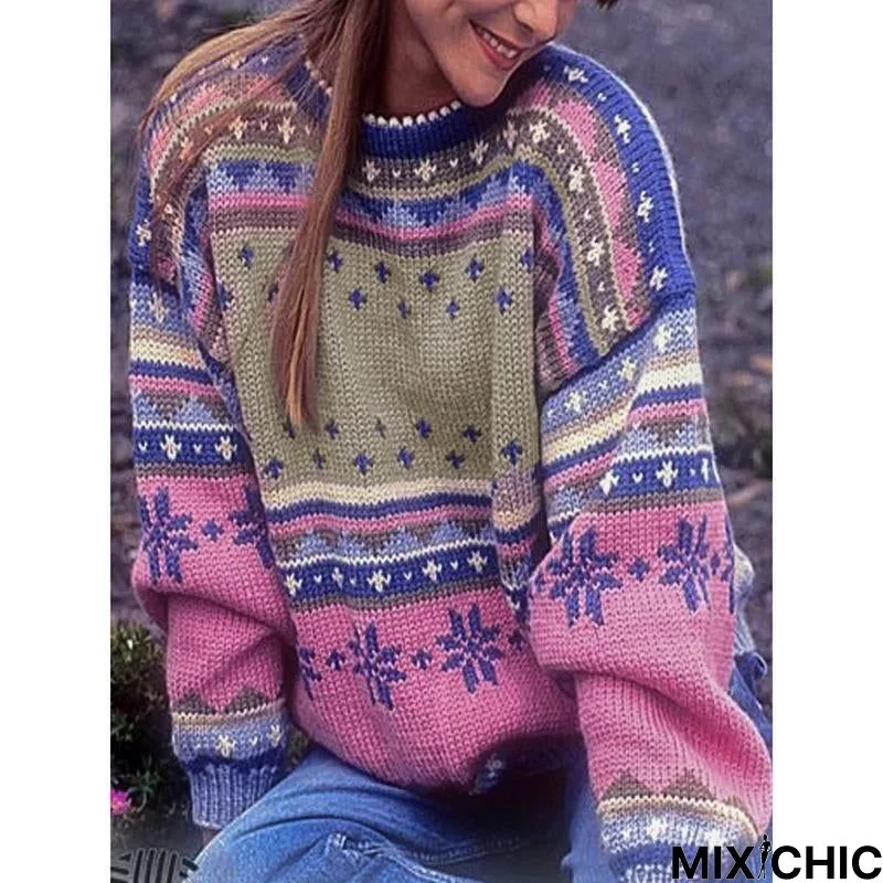 Printed Stitching Round Neck Sweater