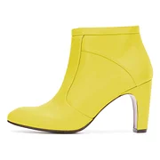 Women's Yellow Round Toe Chunky Heel Ankle Boots with Zipper|FSJshoes