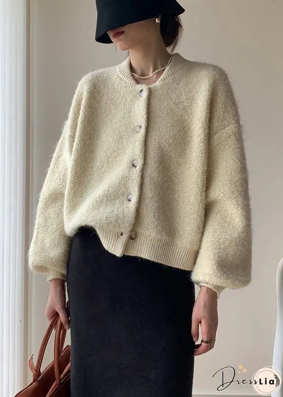 Loose Beige Button Solid Thick Wool Knit Coats Winter