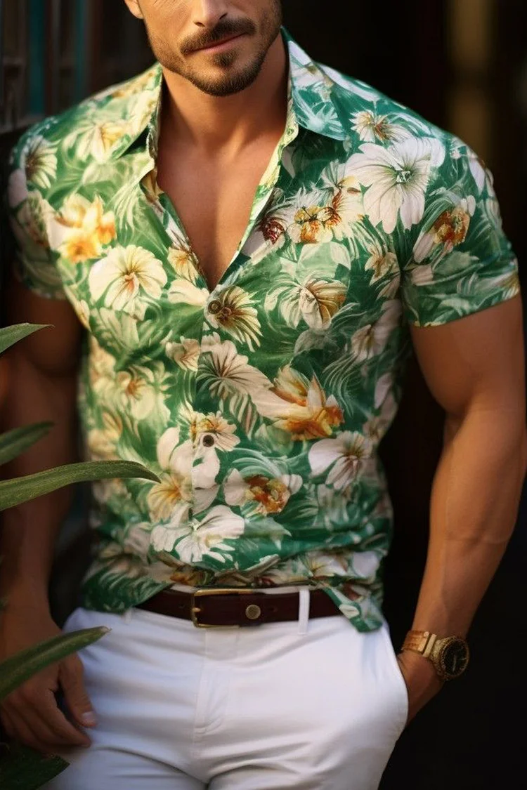 Ciciful Floral Print Turndown Collar Slim Fit Green Shirt