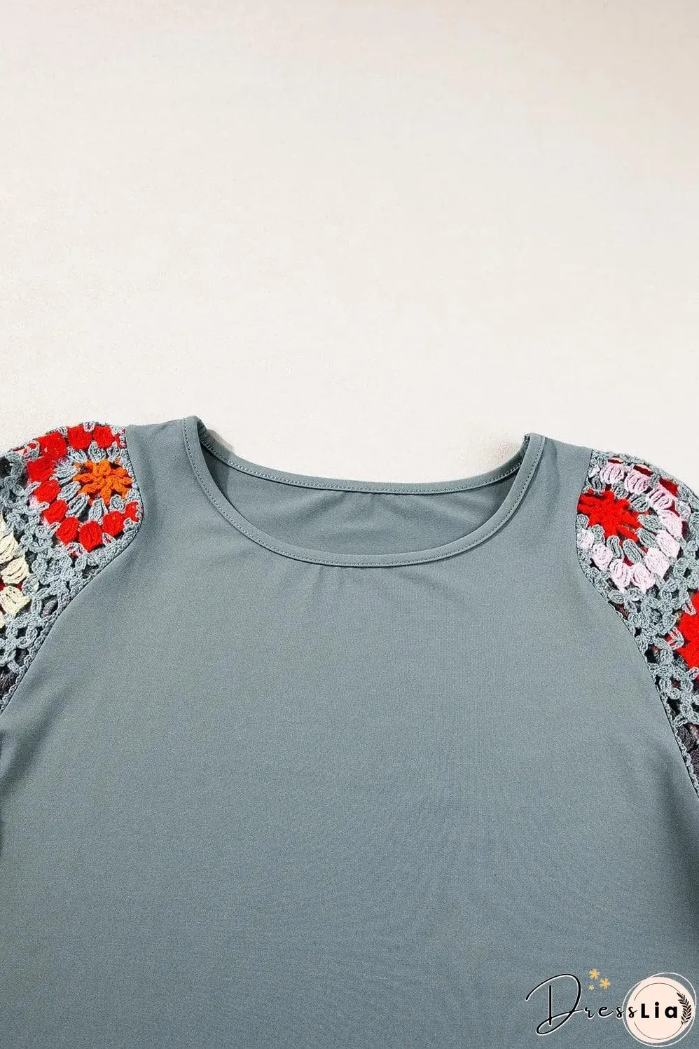 Medium Grey Floral Crochet Short Sleeve Top
