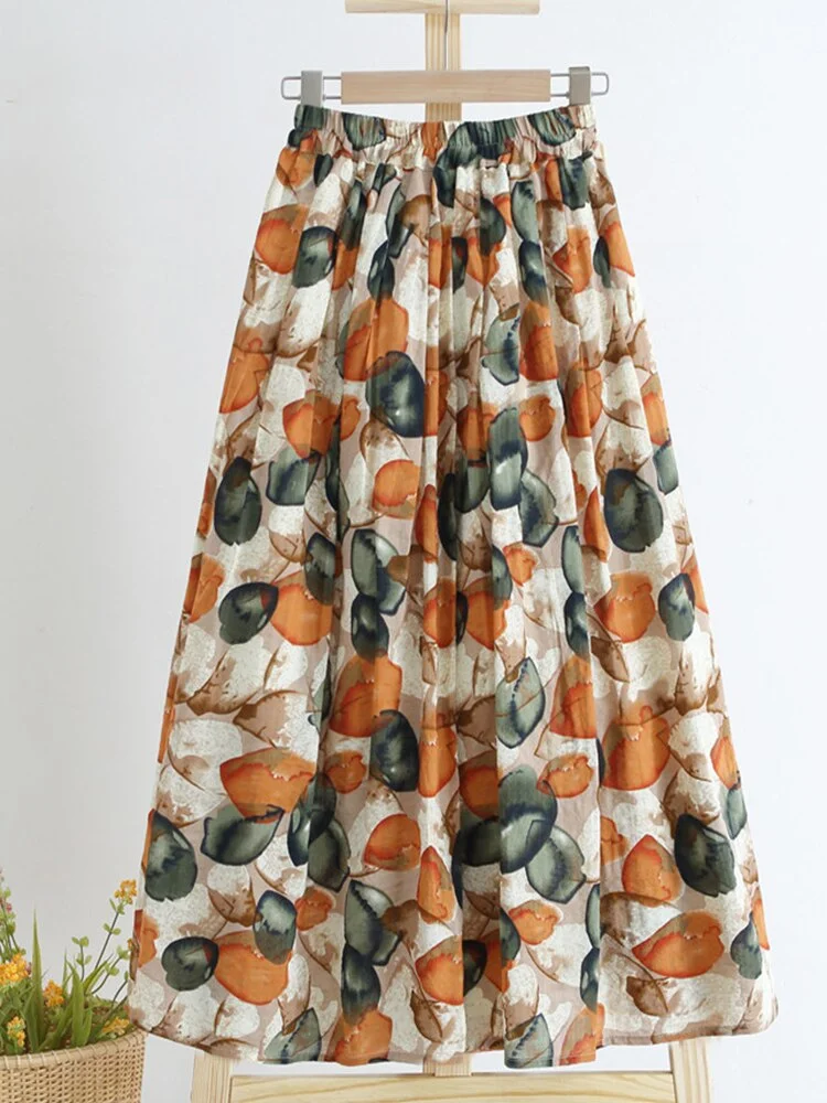 Huibahe Summer Women Cotton Linen Mid-length Printed A-Line Skirt Elegant High Waist Long Skirt QT1771