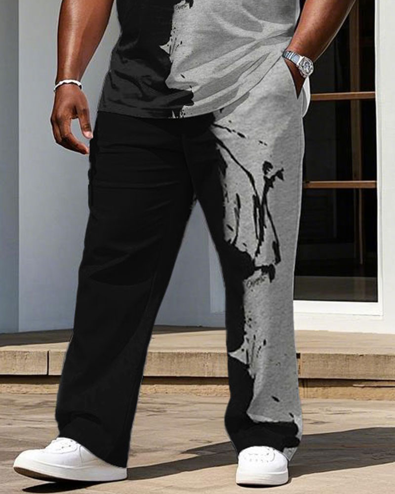 Men's Big & Tall Street Fashion Black Ink-throwing Small Label Printed Short-sleeved T-shirt Trousers Set