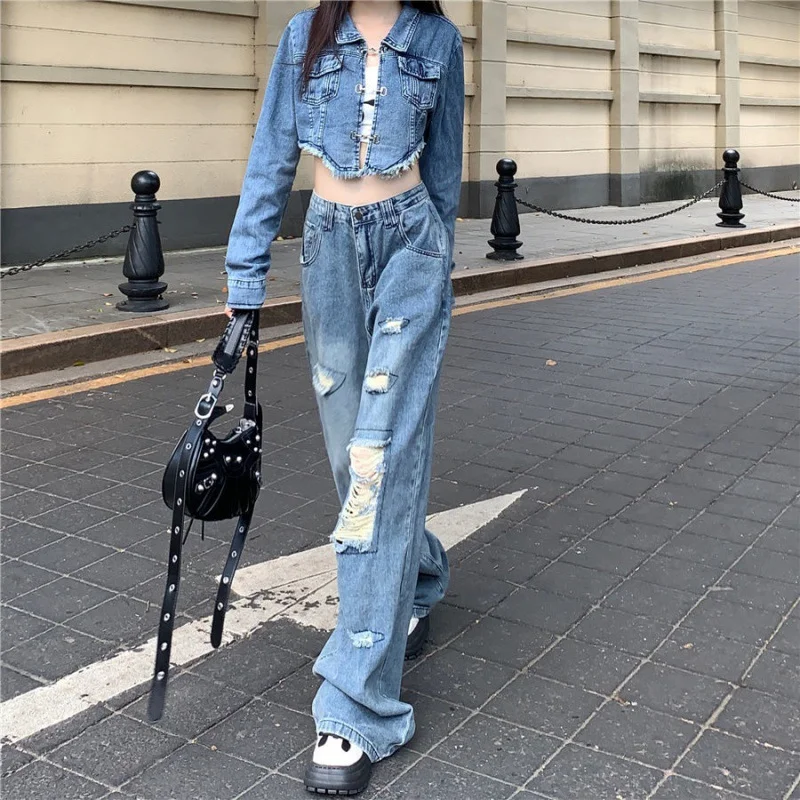 Toloer Toloer Denim Hot Girl Suit Short Coat Female Fall High Waist Shows Skinny Hole Jeans Wide Leg Pants Two-Piece Set-Outfit Ideas