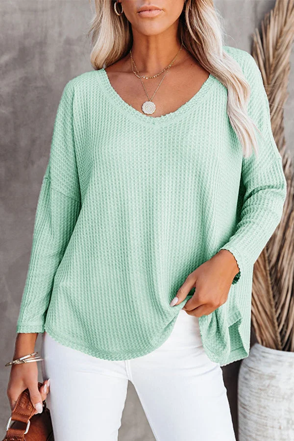 Solid Color Casual V-Neck Long Sleeve Knit Top Blouse