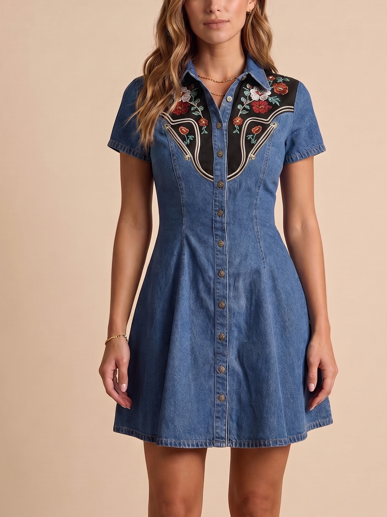 Western-style dress &mdash; denim color-blocked floral off-the-shoulder mini dress
