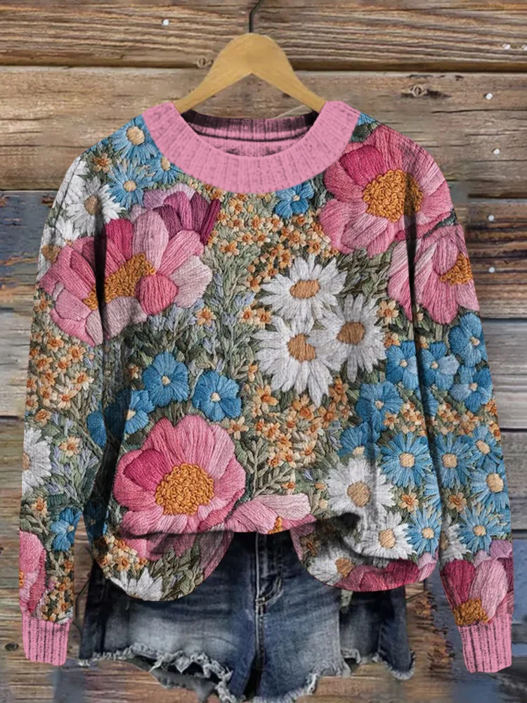 🔥kukelife🔥Embroidered Flowers Art Crew Neck Cozy Knit Sweater