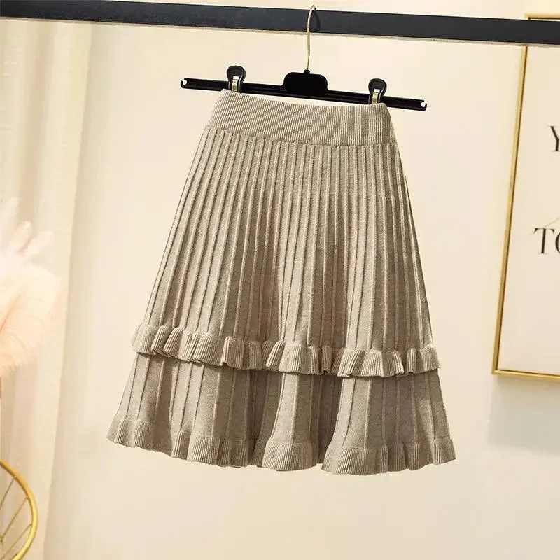 Toloer Knit Solid Elastic High Waist Ruffles Pleated Midi Skirt-Outfit Ideas