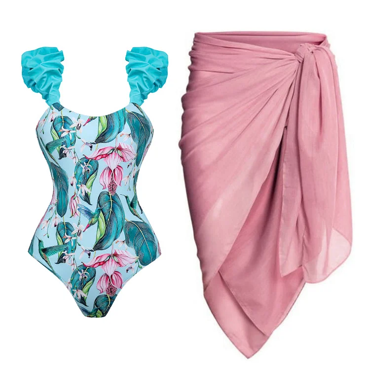 Flaxmaker Bubble Shoulder Printed One Piece Swimsuit and Sarong