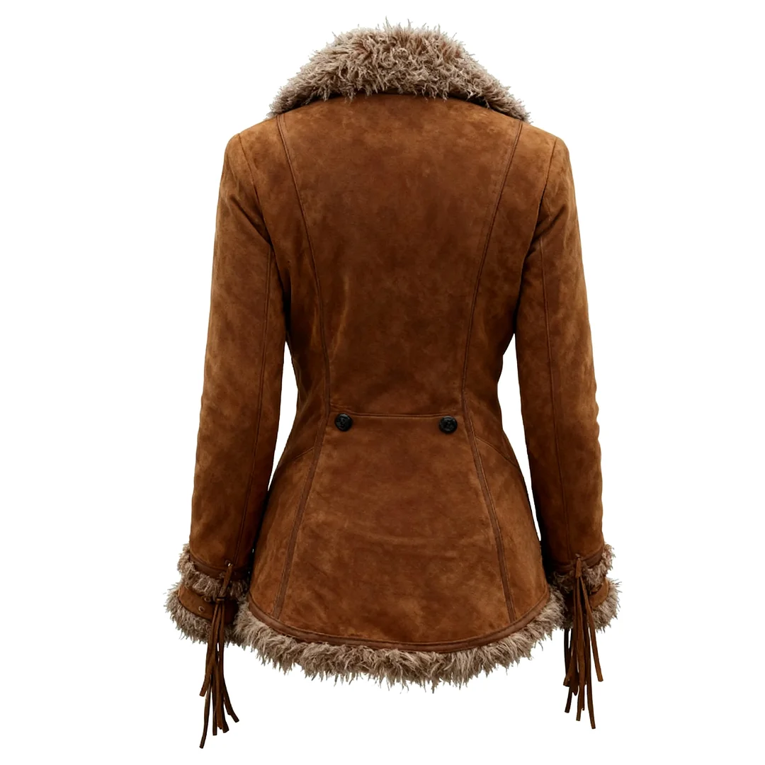 Women's Vintage Suede Coat Fur Collar Lapel Coat Beggar Style Coat