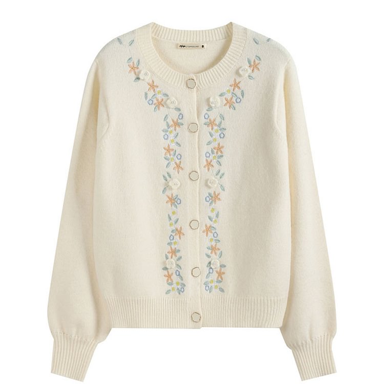 Sweet Floral Embroidery Cardigan Sweater - Modakawa