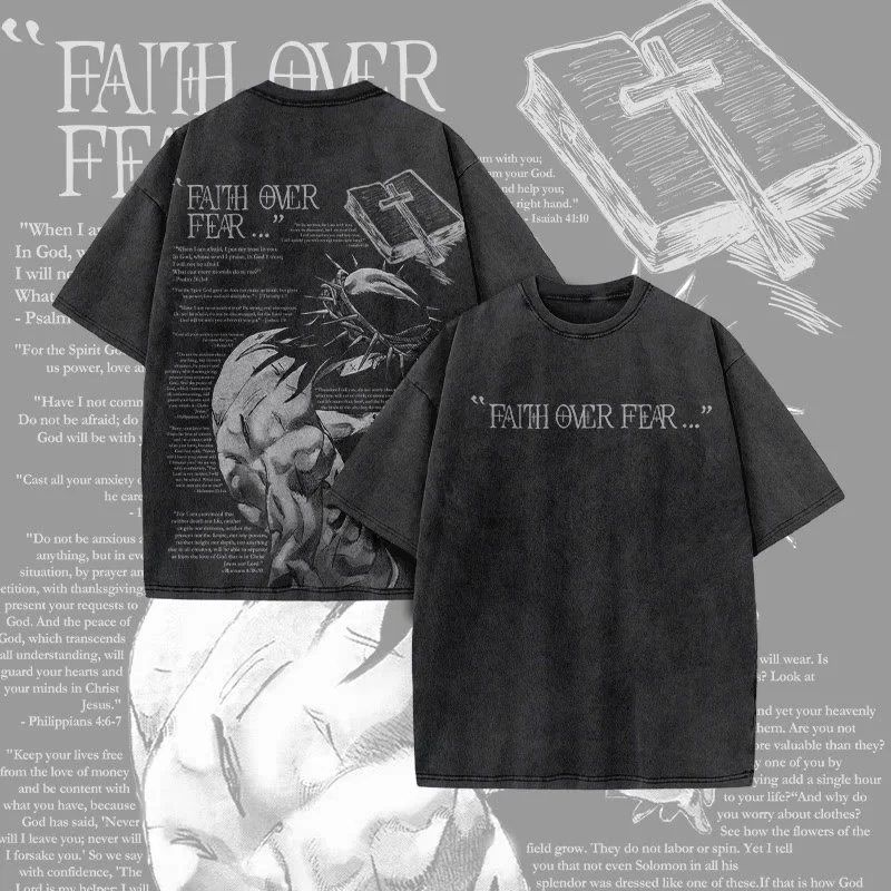 Unisex Faith Over Fear Bible Verses Print Acid Washed T-shirt