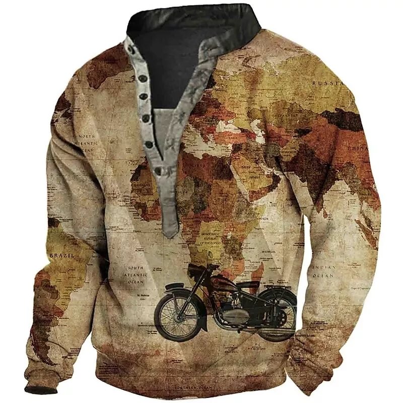 Men's Retro “Travel Around The World” Print Round Neck Long Sleeved Henry Shirt