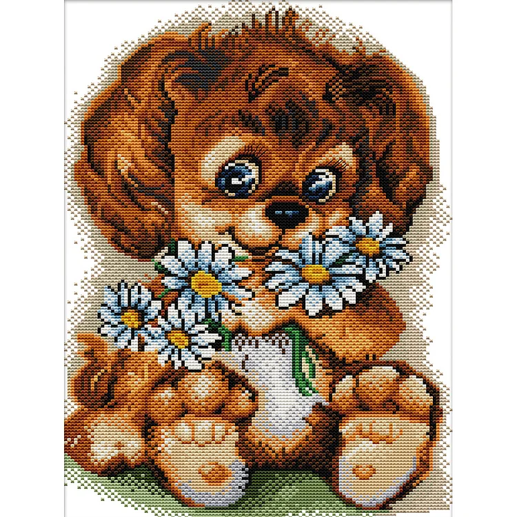 Flower Loving Puppy - Printed Cross Stitch 14CT 28*40CM