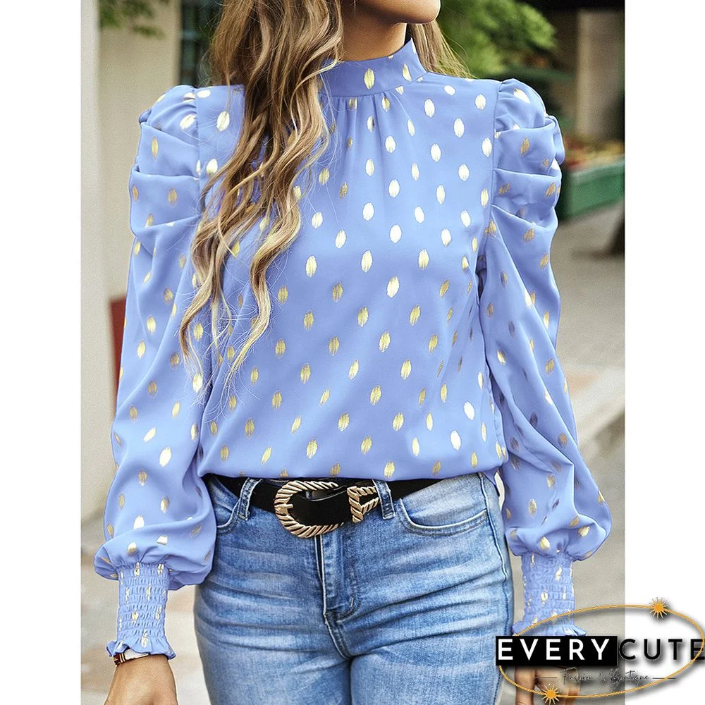 Light Blue Polka Dot Pleated Cuffs Long Sleeve Tops