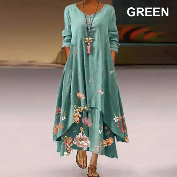 Women Casual Floral Print Long Sleeve Round Neck Double Layer Maxi Dresses Floral Casual Ethnic Style Loose Long Dress