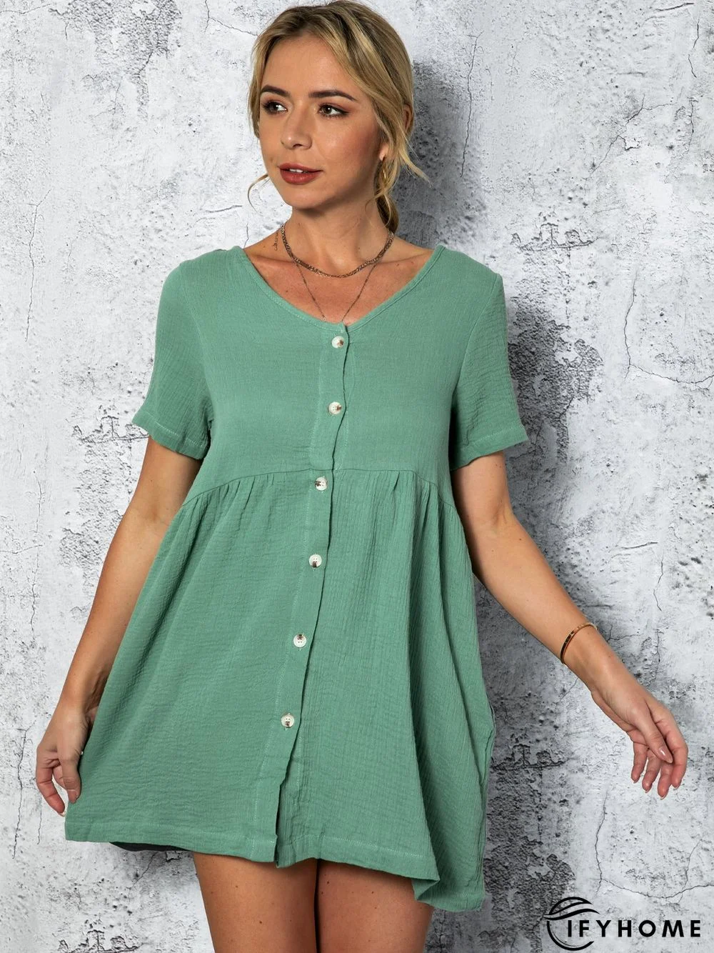 Casual V Neck Short Sleeve Solid Weaving Dress | IFYHOME