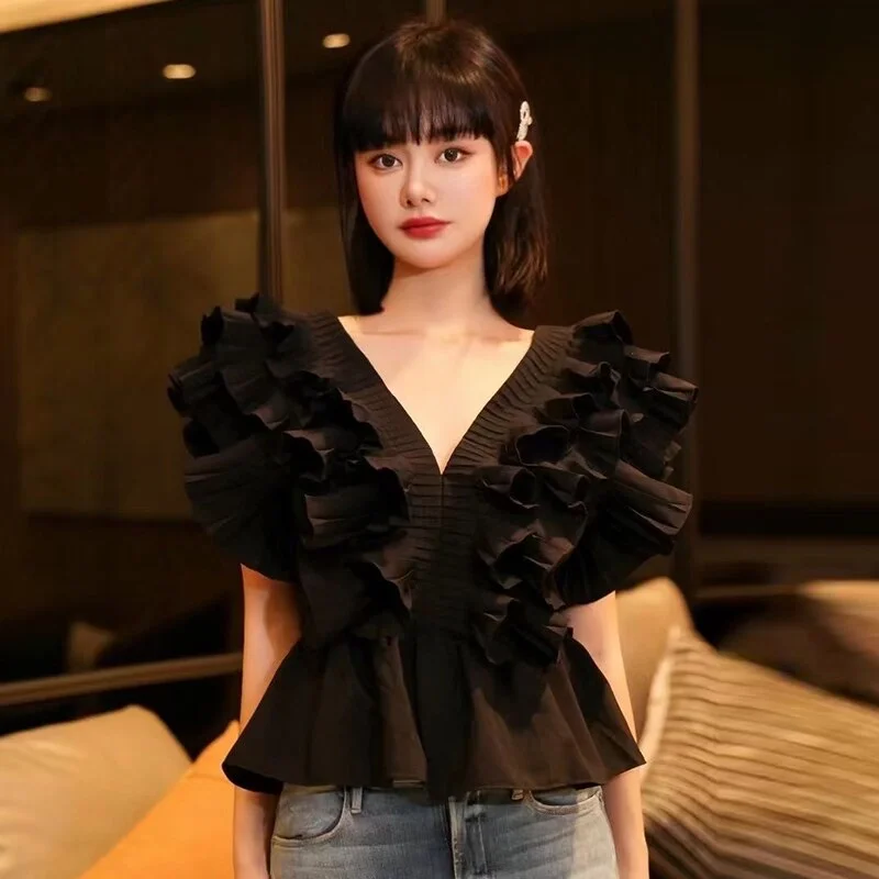 Toloer Toloer Red Casual Patchwork Ruffle Shirts For Women V Neck Short Sleeve Ruched Slim Blouses Female 2023 Summer Fashion New 1127-0-Outfit Ideas