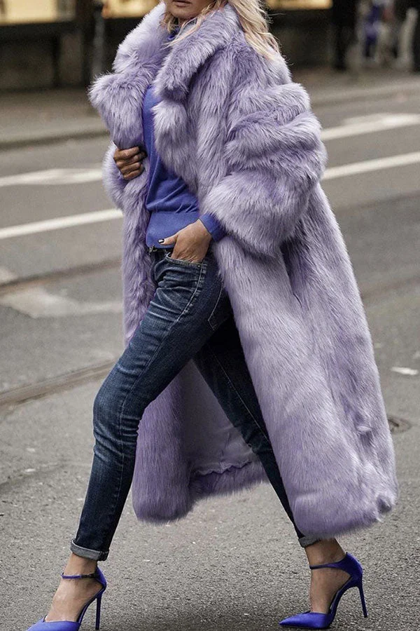 Solid Color Faux Fur Luxe Turndown Collar Coat