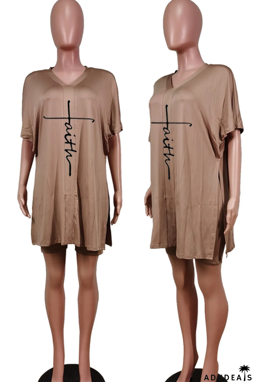 Tangerine Red Casual Print Split Joint V Neck Short Sleeve Two Pieces