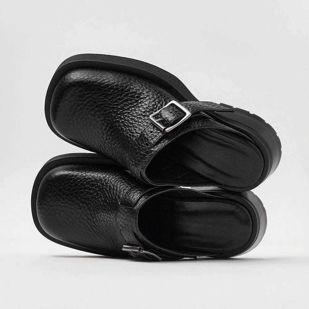 Black Closed Toe Block Heel Buckled Slip On Mule Shoes for Women