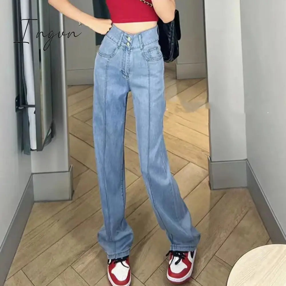 Ingvn - Vintage Jeans For Women 2023 New High Waisted Korean Fashion 2 Button Slim Straight