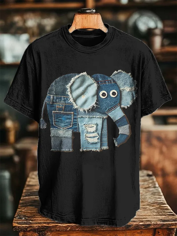 Men's Denim Patchwork Elephant Print T-Shirt