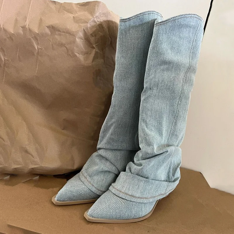 Zhungei New Blue Denim Knee High Boots Women Pointed Toe Thick Heels Western Boots Woman Pleated Pull-On Long Cowboy Botas Mujer