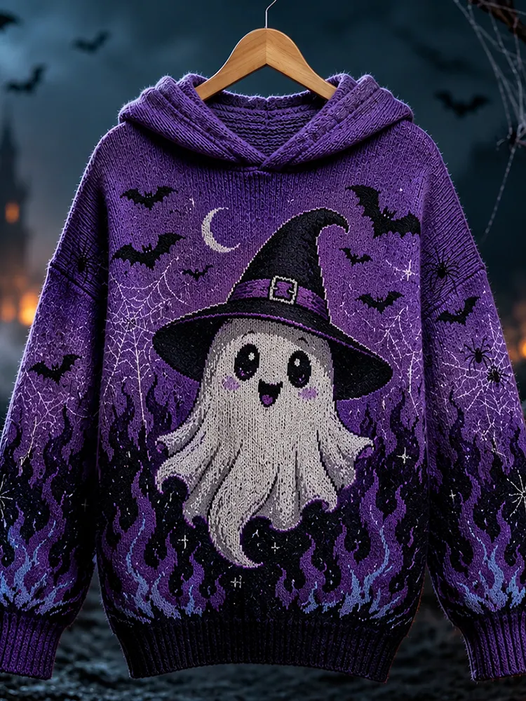 Comstylish Women's Halloween Cute Ghost In Witch Hat Graphic Hoodie - Purple Flame & Bat Pattern