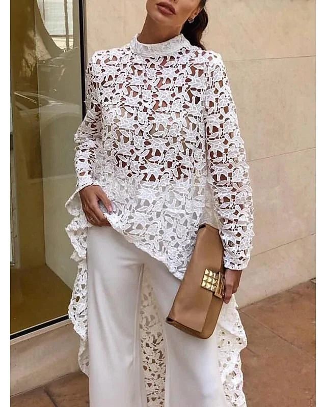 Women's Blouse Shirt Solid Colored Long Sleeve Lace Asymmetric Hem Round Neck Tops Slim Basic Top White Black Blushing Pink-811