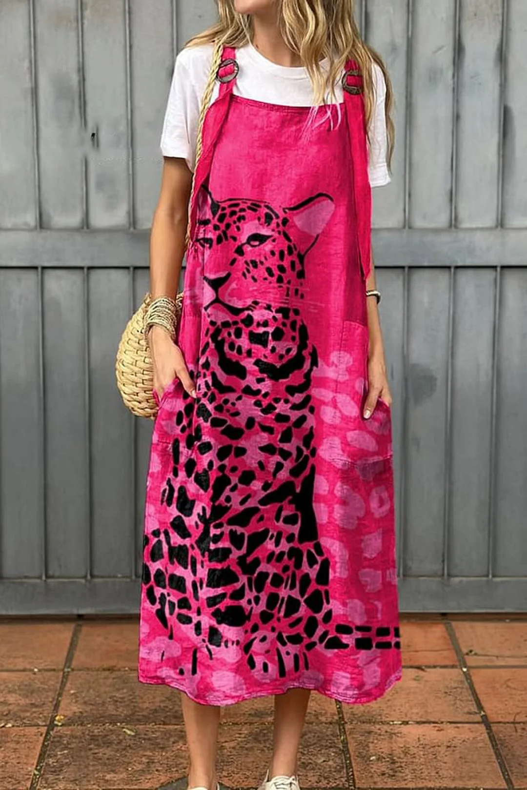 Women's Vintage Abstract Pink Leopard  Art Print Cotton Pocket Suspender Dress