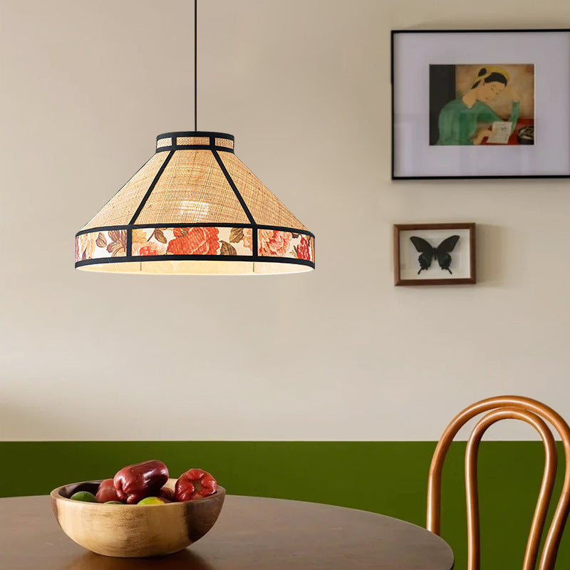 Contemporary Vintage Round Cone Raffia Hardware 1-Light Pendant Light For Living Room