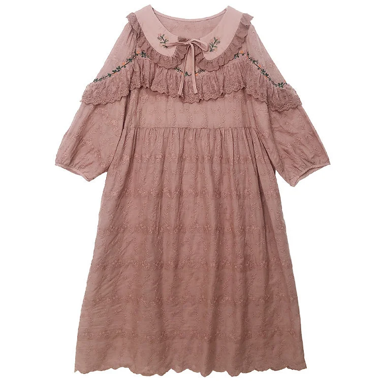 Queenfunky cottagecore style Cotton Embroidered Lace Trim Dress QueenFunky