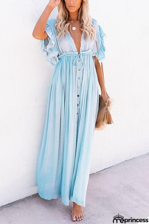 Button Drawstring Waist Bat Maxi Cover Dress