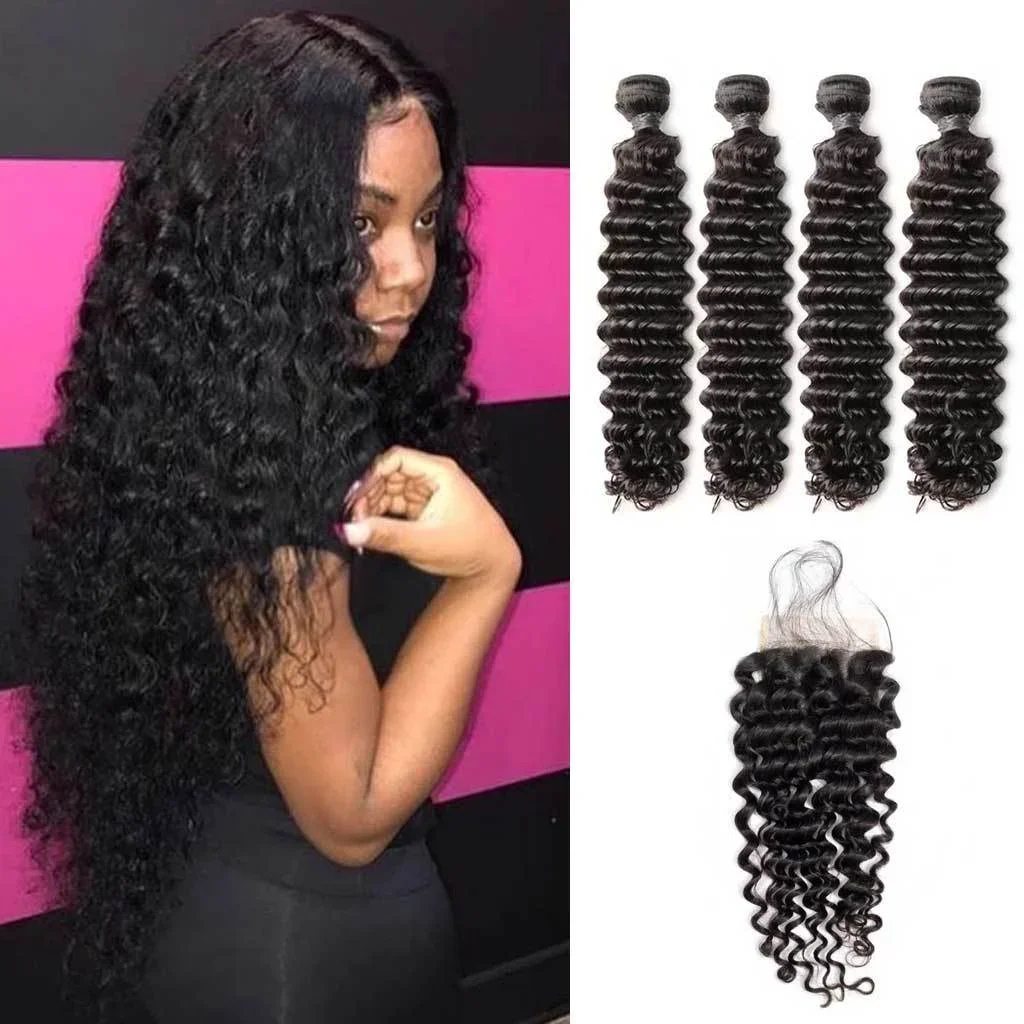 12A 4PCS + 4X4 HD Lace Closure Deep Wave Transparent Lace Closure 100% Human Hair