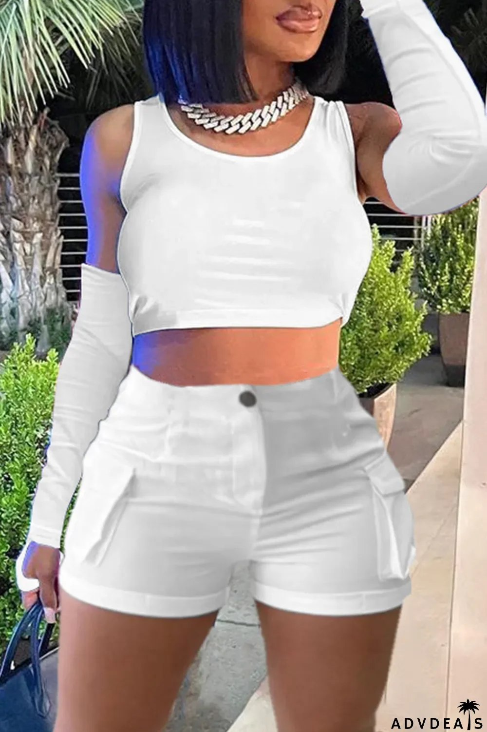 Khaki Casual Solid Basic O Neck Four Piece Set (With Sleeves)